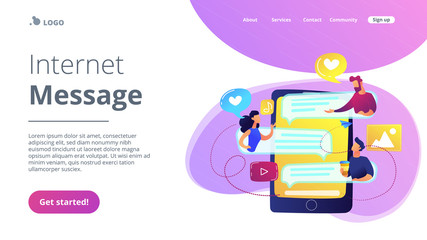 Tablet with users communicating and speech bubbles. Global internet communication, social media and network technology, chat, message and forum concept, violet palette. Website landing web page.