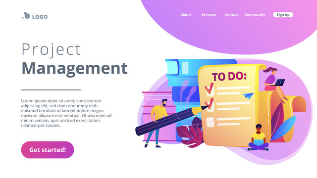 People feel in check boxes in to do list. Project task management it concept. Software development process and project management activities. Violet palette. Website landing web page template.
