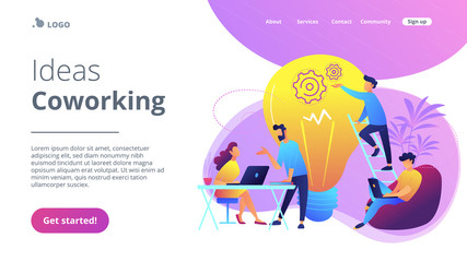 People working in friendly open space workplace. Coworking, freelance, teamwork, communication, interaction, idea, independent activity concept, violet palette. Website landing web page template.