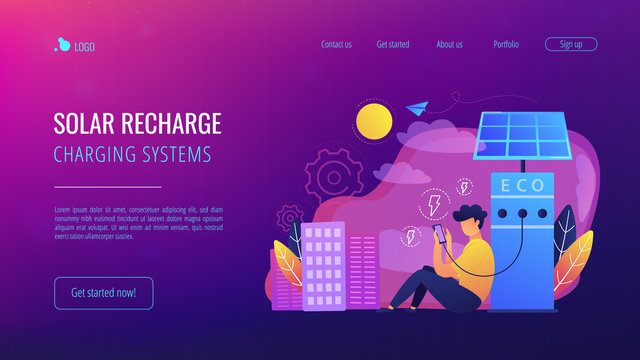 Man charges smartphone from solar recharge station. Ecological renewable charging systems, smart bus stops, IoT and smart city concept, violet palette. Website landing web page template.
