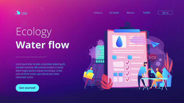 People near huge paper tablet with report of water flow and checkboxes analyzing data. Water management, ecology, IoT and smart city concept, violet palette. Website landing web page template.