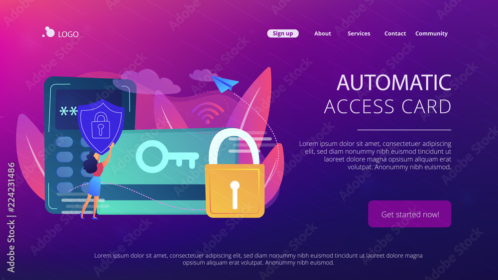 Poster access control card with key and lock and woman with protection shield. electronic opening system, s