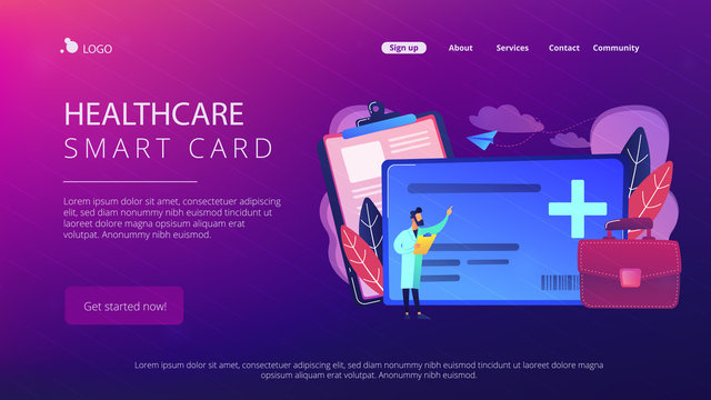 Healthcare smart card and doctor. Digital health and medical consultation, medical information smart card, healthcare organization card concept, violet palette. Website landing web page template.