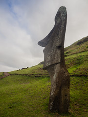 Rano Raraku volcano, the quarry of the moai with many uncompleted statues. Rapa Nui National Park,...