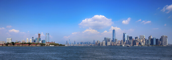 Aerial view on New Jersey and New York City Manhattan from Liberty island