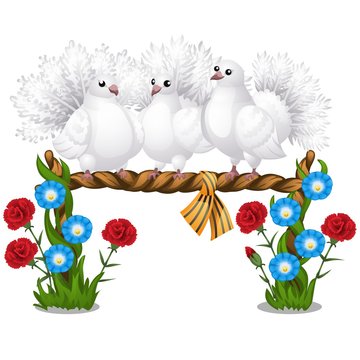 Sketch of a poster with several beautiful white doves sitting on a wicker perch and flowers isolated on white background. Vector cartoon close-up illustration.