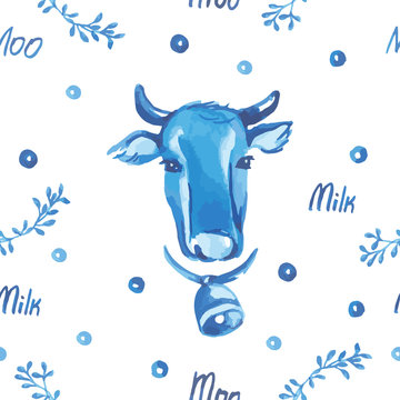 Vector watercolor illustration. The head of a cow with a bell in blue color on a white background. Milk and floral ornament.