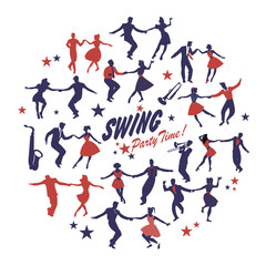 Silhouettes of swing dancers isolated forming a circle on white background