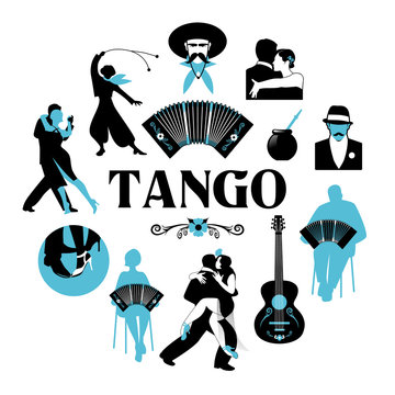 Symbolic silhouettes around the world of Tango. Dancers, gauchos, bandoneon, guitar
