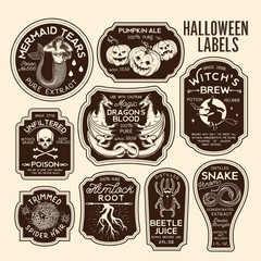Halloween Bottle Labels Potion Labels. Vector Illustration. - obrazy, fototapety, plakaty