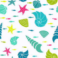 Vector seamless pattern with fish, sea stars and shells
