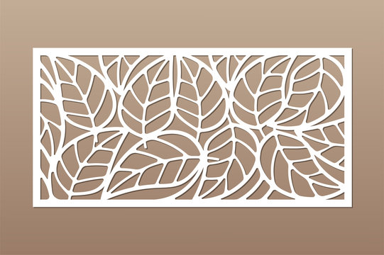 Decorative card for cutting. Leaves foliage
 pattern. Laser cut. Ratio 1:2. Vector illustration.