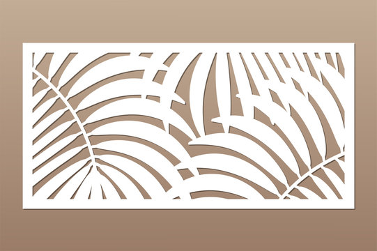 Decorative card for cutting. Leaves foliage palms fern
 pattern. Laser cut. Ratio 1:2. Vector illustration.