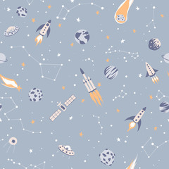 Space seamless pattern with rockets, planets and asteroids