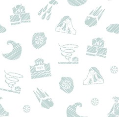 Weather, natural disasters, seamless pattern, hatching, vector, white. Images of various natural disasters. Vector picture. Simulated pencil shading. Gray drawings on a white background.  