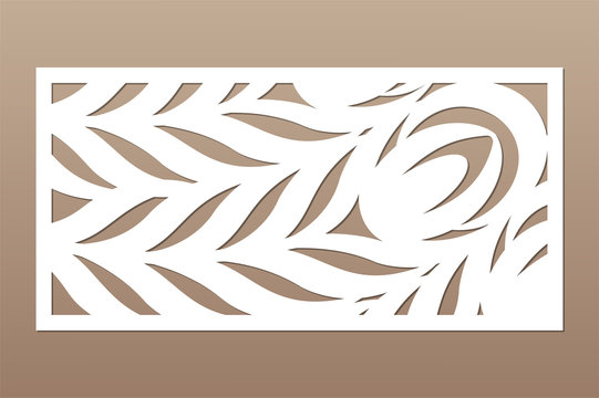 Decorative card for cutting. Leaves foliage feather
pattern. Laser cut. Ratio 1:2. Vector illustration.