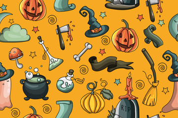 Obraz premium Halloween seamless pattern in doodle style. Spooky objects on orange background. 