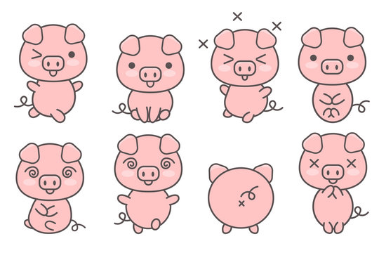 Set of cute pigs with various emotions and poses. Kawaii pink piglets. Symbol of Chinese New Year.