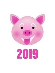 Celebration white background with pig. 2019 Happy New Year greeting card.