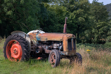 Obraz premium Old, rusty and abandoned tractor in field on a sunny evening