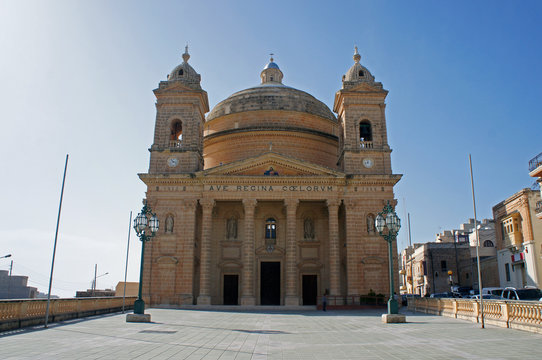 Facade of Parish Church of the Assumption of the Blessed Virgin Mary into Heaven in Mgarr, Malta