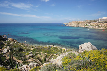 Golden Bay resort (Ir-Ramla), hotels over famous sandy beach of Malta