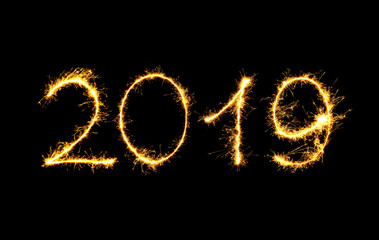 Beautiful New Year 2019 text written sparkles fireworks