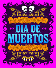 Dia de Muertos, Day of the death spanish text and flower decoration elements