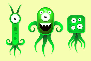 Green microbes under a microscope. Vector illustration