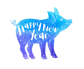 Blue watercolor silhouette of pig
