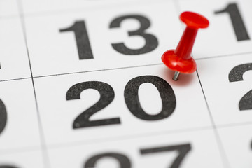 Pin on the date number 20. The twentieth day of the month is marked with a red thumbtack. Pin on...