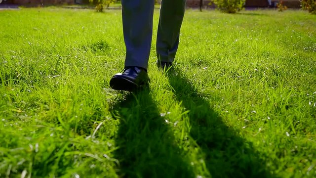 Legs of a man walking on a green lawn, black shoes and grey trousers.