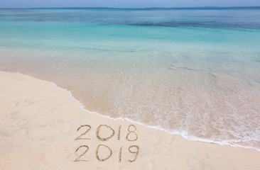 Fototapeta na wymiar Years 2018 and 2019 are inscribed on sandy beach