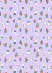 watercolor seamless pattern of cacti and succulents. watercolor background
