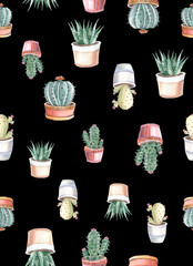 watercolor seamless pattern of cacti and succulents. watercolor background