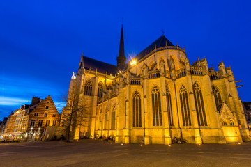 The medieval St. Peter's Church in Leuven, Belgium, during the evening blue hour