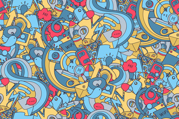 Doodles social media seamless pattern. Technology objects with doodle wave for coloring and design. Easy to change colors. Vector illustration.