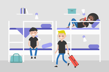 Dorm room. Hostel furniture. Young characters sitting and lying on the bunk beds. Travel. Students. Tourists. Flat editable vector illustration, clip art