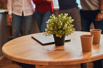 Close-up photo of a laptop, two paper cups and flower on a table in student dormitory.