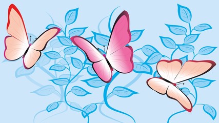 Butterflies on plants, vector illustration
