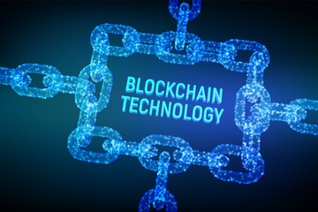 Fototapeta premium Block chain. Crypto currency. Blockchain concept. 3D wireframe chain with digital blocks. Editable cryptocurrency template. Stock vector illustration.