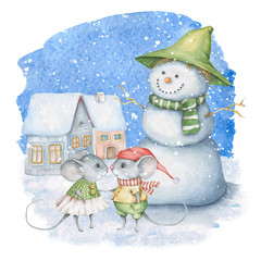 Watercolor winter scene with snowman and cute mice - 224248265