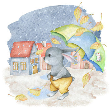 Watercolor autumn scene with cute rabbit, umbrella, houses and rain