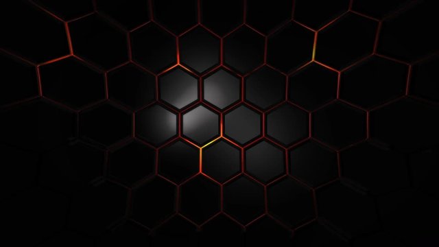 Dark abstract background loop. technological background animation. black hexagons with red glow. Wall of hexagons. hexagons with magma. 3D geometric render illustration. epic science and movie 4k.