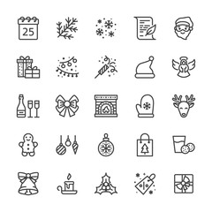 Merry Christmas flat line icons. Fir branch, snowflakes, presents, letter to santa claus, lights garlands decoration vector illustrations. Thin signs xmas sale. Pixel perfect 48x48. Editable Strokes.