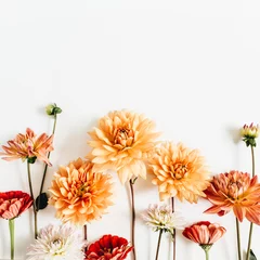 Foto op Plexiglas Kleurrijke dahlia en cynisme bloemen op witte achtergrond. Plat lag, bovenaanzicht. © Floral Deco