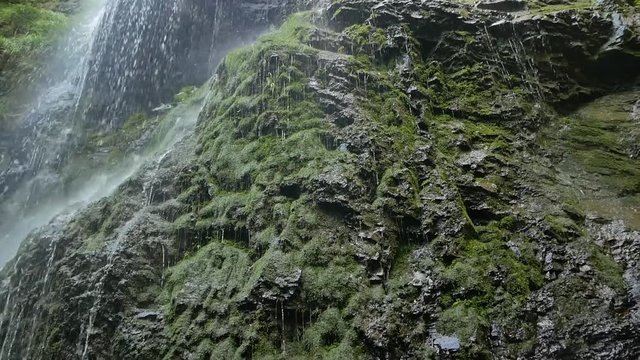 Beautiful waterfall in the Carpathians. Shooting from the bottom