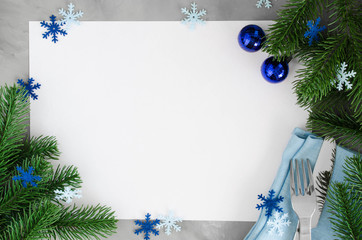 Background for Writing the Christmas Menu. Winter Table Setting.