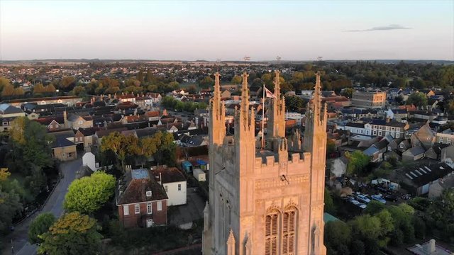 Areal horizontal shoot of Church of St. Mary at sunrice, St. Neots town, Cambridgeshire, England, UK