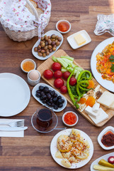 travel concept setup with traditional turkish breakfast